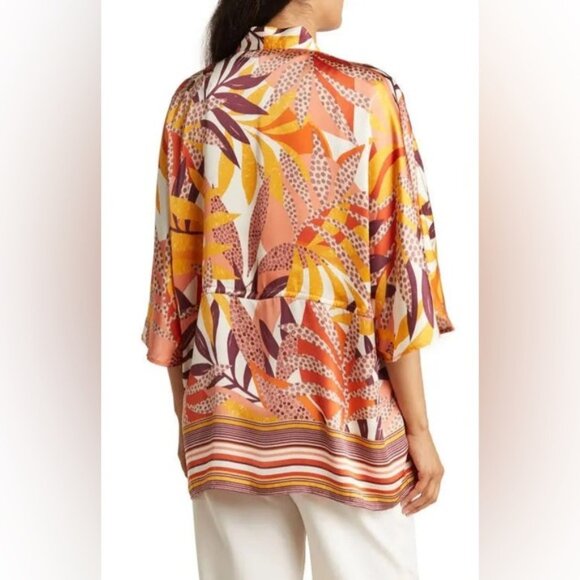 NWT DR2 Daniel Rainn Tropical Satin Ruana Wide 3/4 Sleeves Beaded Drawstring S/M - Picture 2 of 16